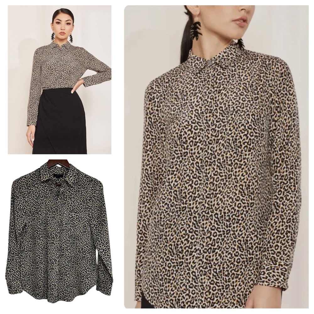 J Crew Silk Leopard Print Button Down Shirt Size 2 Animal Cheetah (Tiny Flaw)